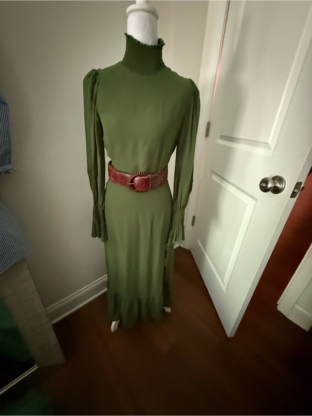 Reformation Olive Green Long Sleeve Maxi Dress with High Neck